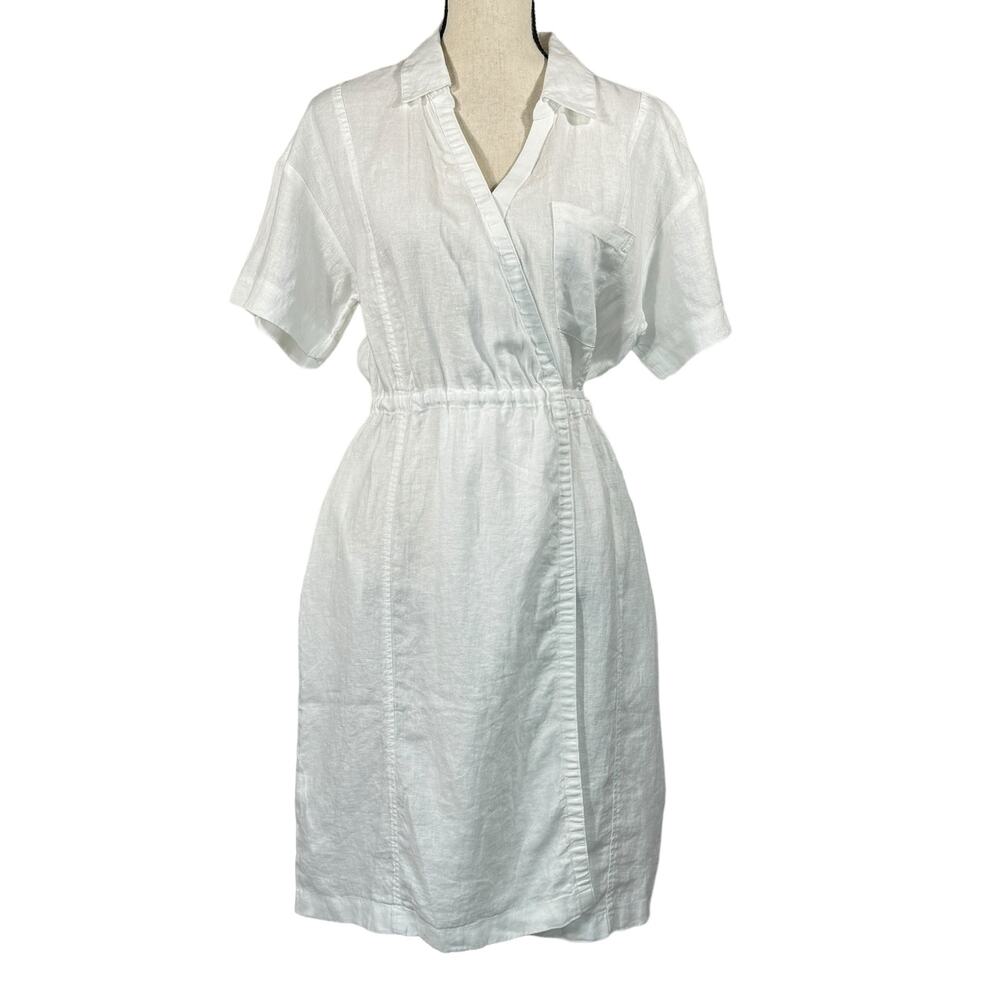 Athleta SZ 8 Playa Wrap Dress Linen Surplice Neck Lightweight Calla Lily White